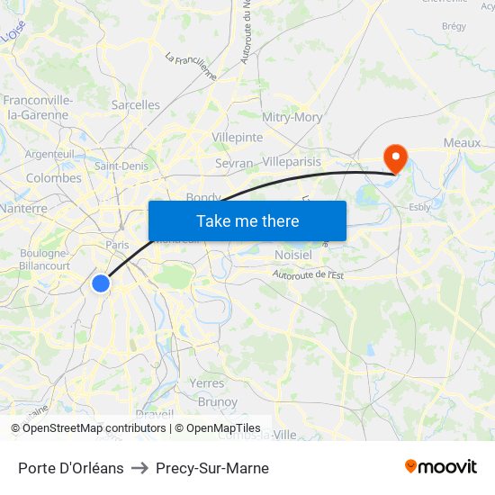 Porte D'Orléans to Precy-Sur-Marne map