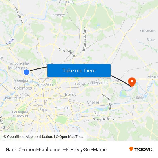 Gare D'Ermont-Eaubonne to Precy-Sur-Marne map