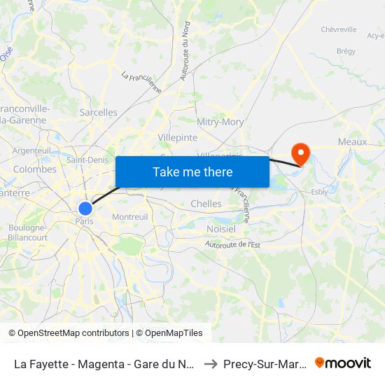 La Fayette - Magenta - Gare du Nord to Precy-Sur-Marne map