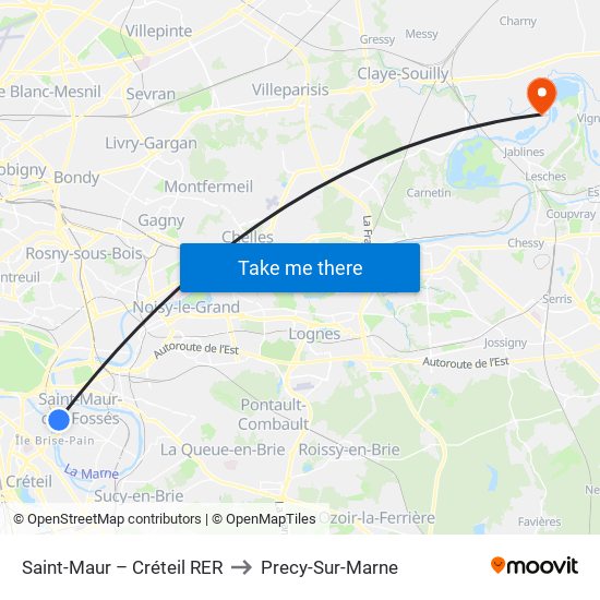 Saint-Maur – Créteil RER to Precy-Sur-Marne map