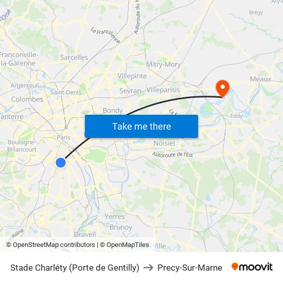 Stade Charléty (Porte de Gentilly) to Precy-Sur-Marne map