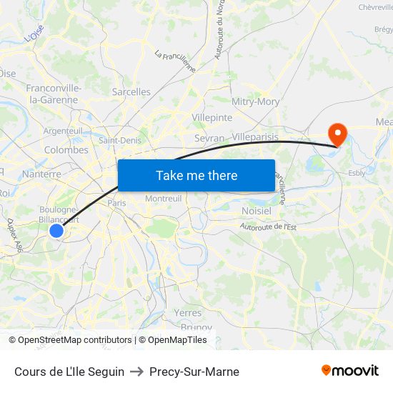 Cours de L'Ile Seguin to Precy-Sur-Marne map