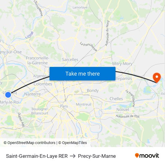 Saint-Germain-En-Laye RER to Precy-Sur-Marne map