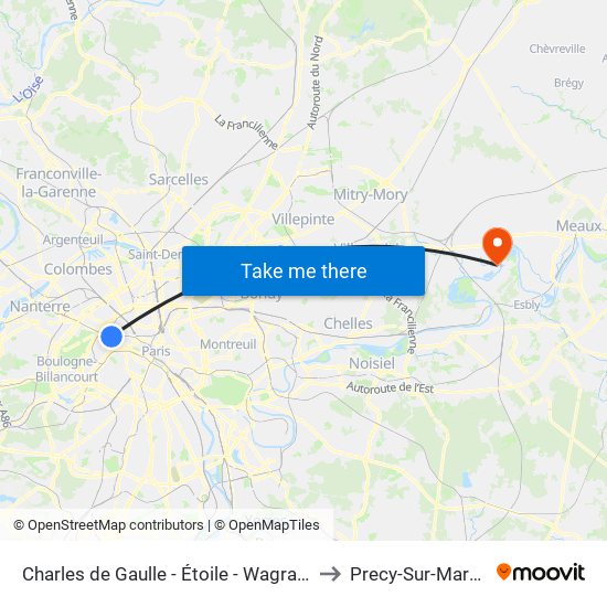 Charles de Gaulle - Étoile - Wagram to Precy-Sur-Marne map
