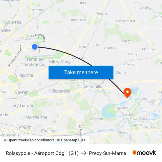 Roissypole - Aéroport Cdg1 (G1) to Precy-Sur-Marne map