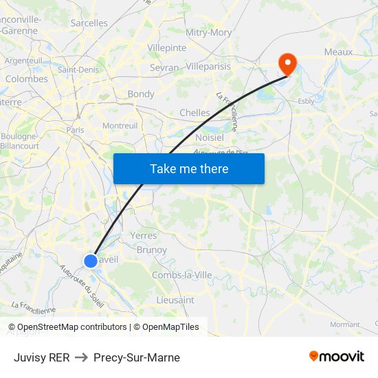 Juvisy RER to Precy-Sur-Marne map