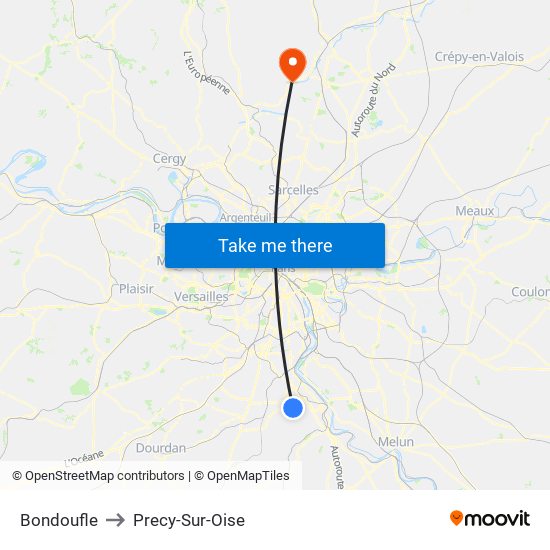 Bondoufle to Precy-Sur-Oise map