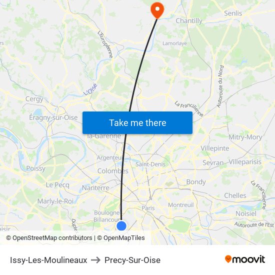 Issy-Les-Moulineaux to Precy-Sur-Oise map