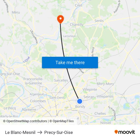 Le Blanc-Mesnil to Precy-Sur-Oise map