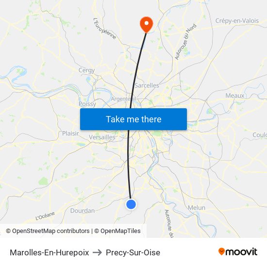 Marolles-En-Hurepoix to Precy-Sur-Oise map
