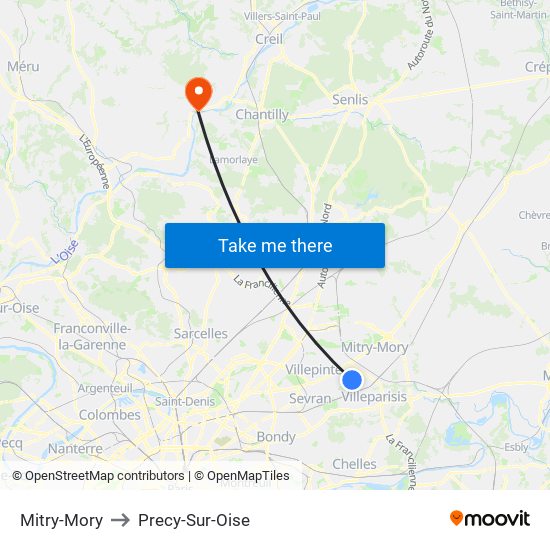 Mitry-Mory to Precy-Sur-Oise map