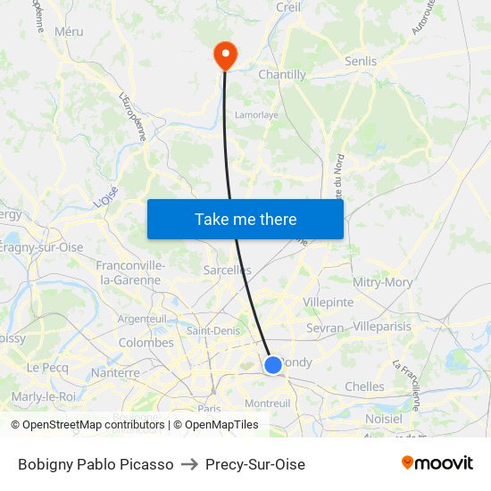 Bobigny Pablo Picasso to Precy-Sur-Oise map