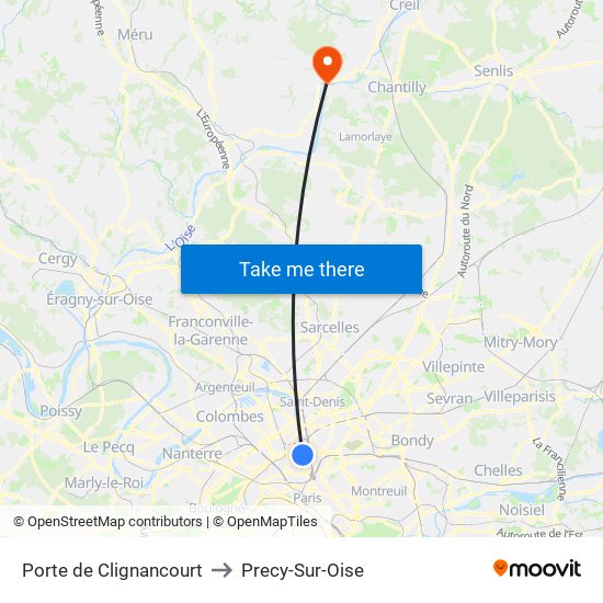 Porte de Clignancourt to Precy-Sur-Oise map