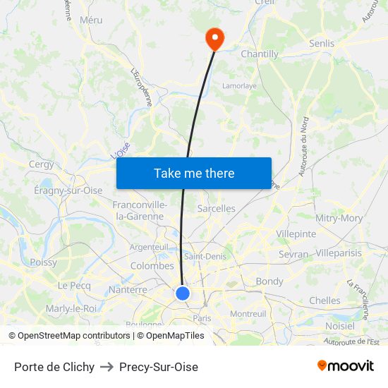 Porte de Clichy to Precy-Sur-Oise map