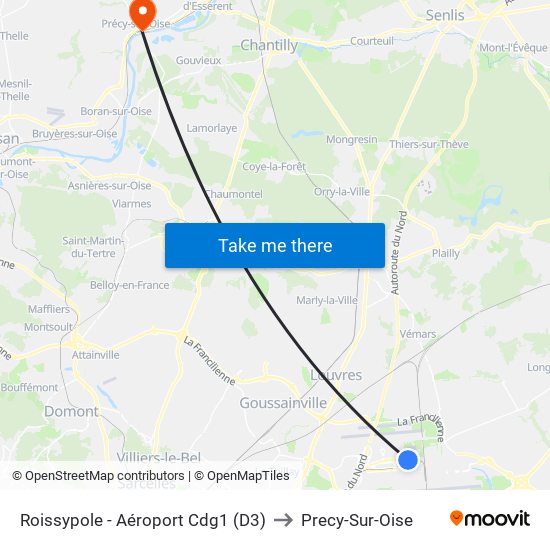 Roissypole - Aéroport Cdg1 (D3) to Precy-Sur-Oise map