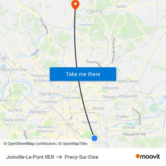 Joinville-Le-Pont RER to Precy-Sur-Oise map