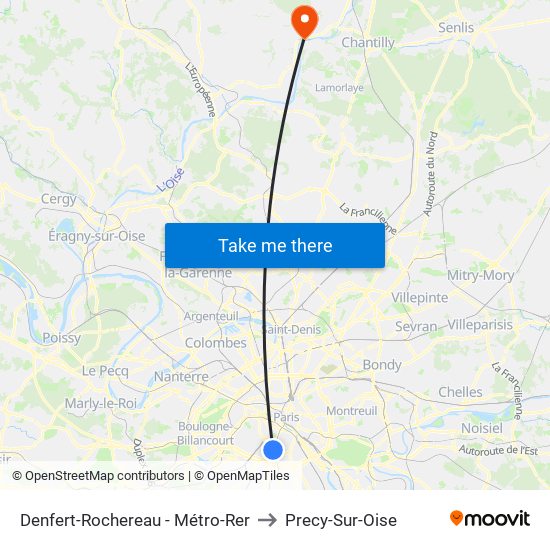 Denfert-Rochereau - Métro-Rer to Precy-Sur-Oise map