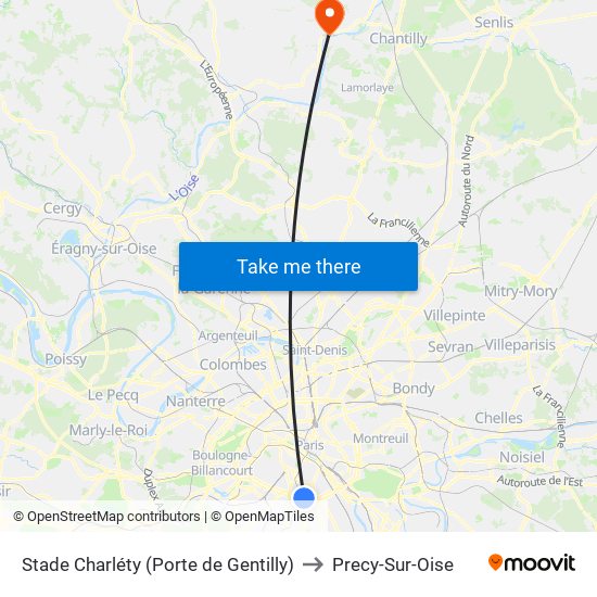 Stade Charléty (Porte de Gentilly) to Precy-Sur-Oise map
