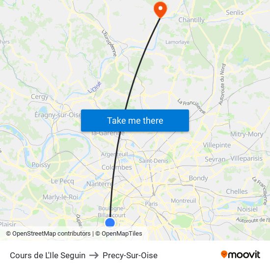 Cours de L'Ile Seguin to Precy-Sur-Oise map