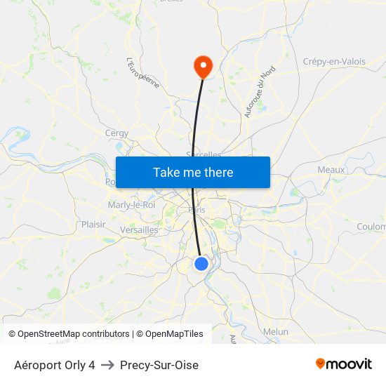 Aéroport Orly 4 to Precy-Sur-Oise map