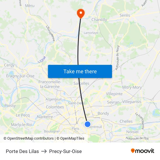 Porte Des Lilas to Precy-Sur-Oise map