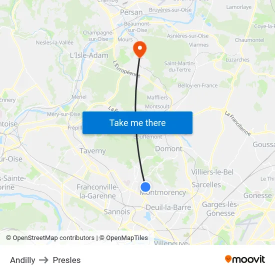 Andilly to Presles map