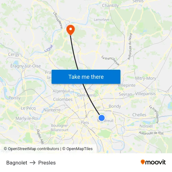 Bagnolet to Presles map