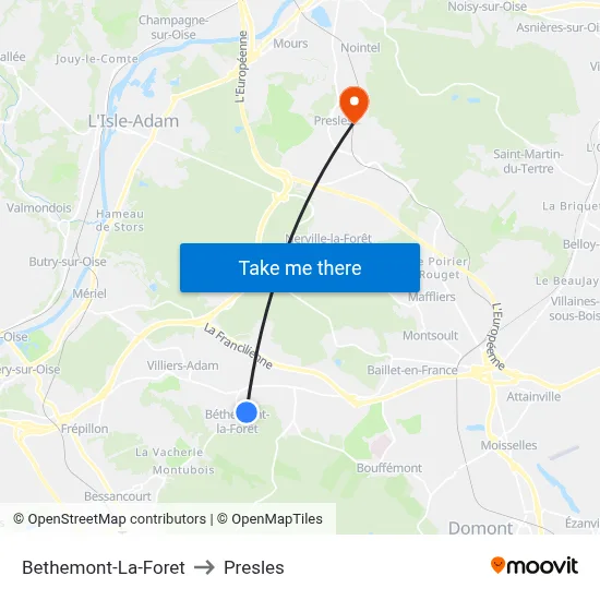 Bethemont-La-Foret to Presles map