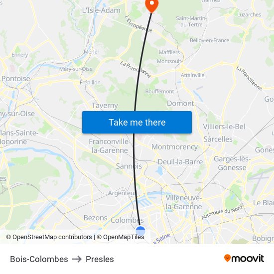 Bois-Colombes to Presles map