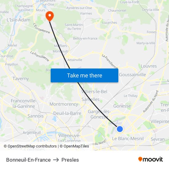 Bonneuil-En-France to Presles map
