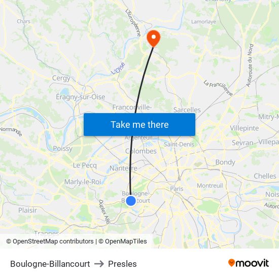 Boulogne-Billancourt to Presles map