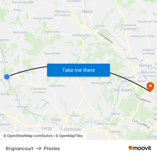 Brignancourt to Presles map