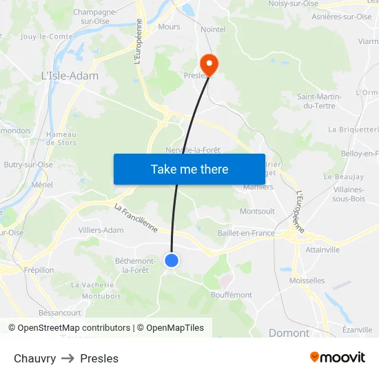 Chauvry to Presles map