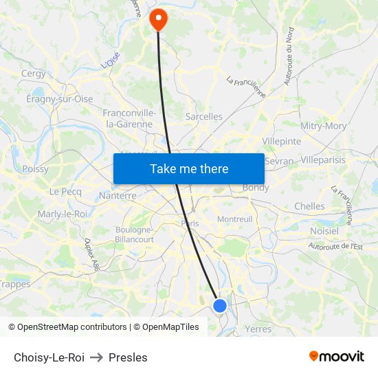 Choisy-Le-Roi to Presles map