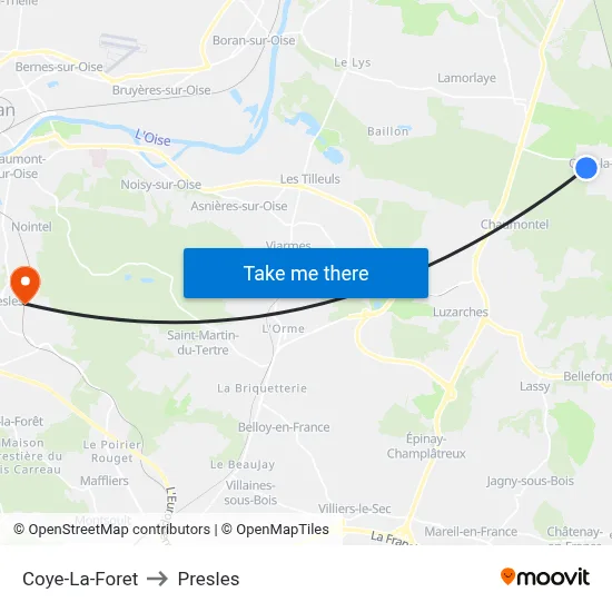 Coye-La-Foret to Presles map