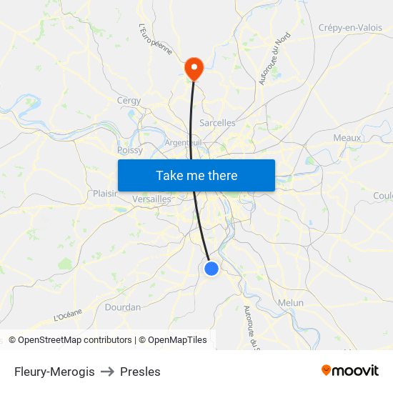 Fleury-Merogis to Presles map