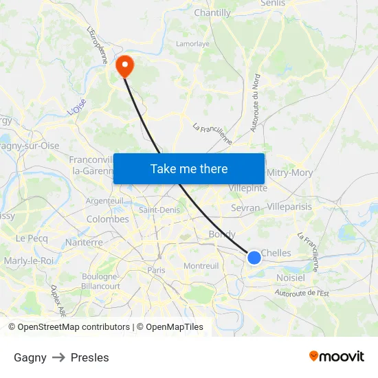 Gagny to Presles map