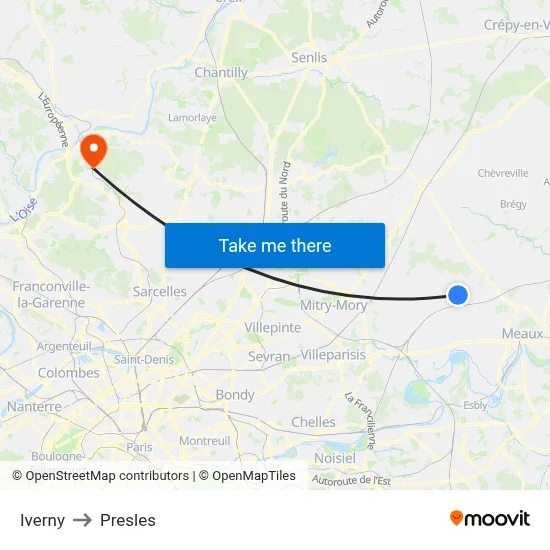 Iverny to Presles map
