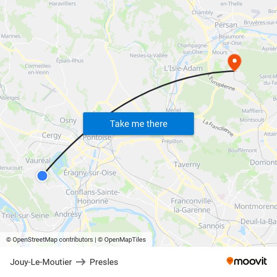 Jouy-Le-Moutier to Presles map