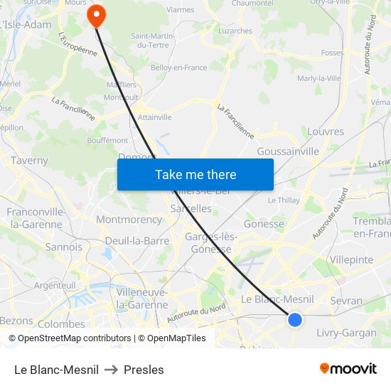 Le Blanc-Mesnil to Presles map