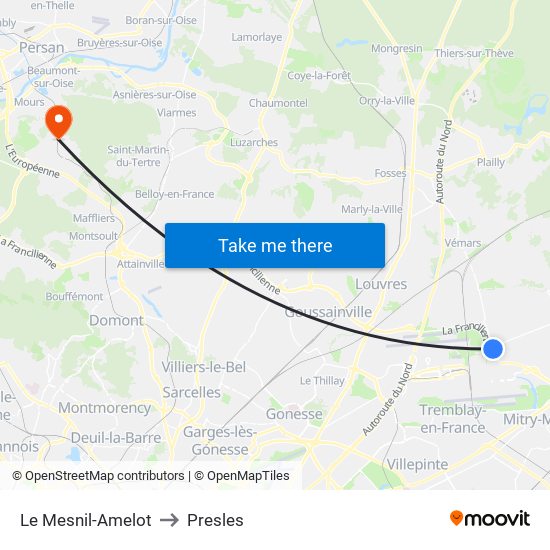 Le Mesnil-Amelot to Presles map