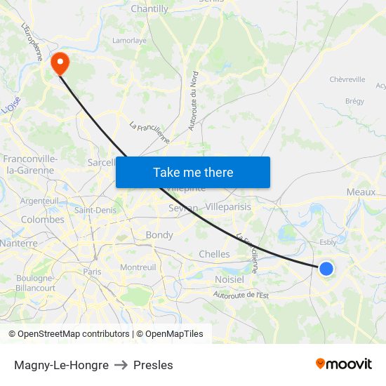 Magny-Le-Hongre to Presles map
