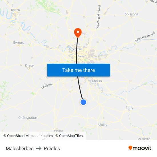 Malesherbes to Presles map