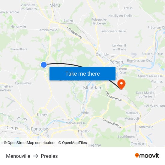 Menouville to Presles map