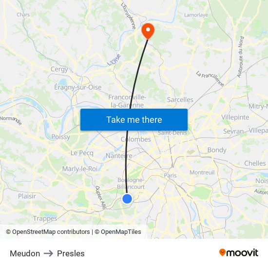 Meudon to Presles map