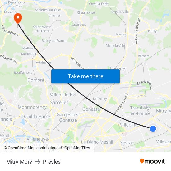 Mitry-Mory to Presles map