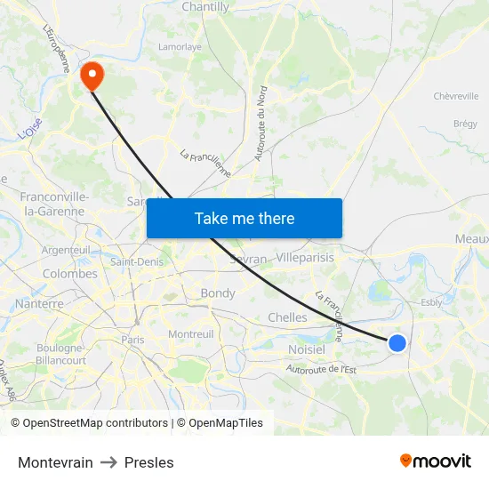 Montevrain to Presles map