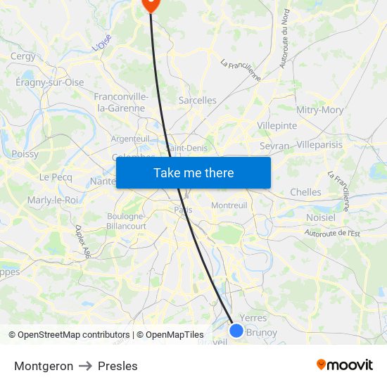 Montgeron to Presles map