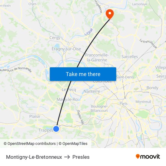 Montigny-Le-Bretonneux to Presles map