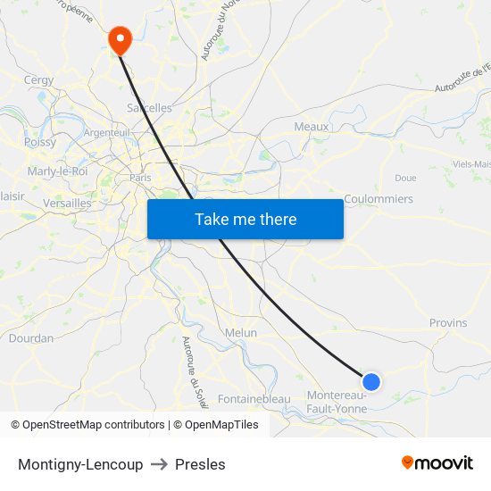 Montigny-Lencoup to Presles map